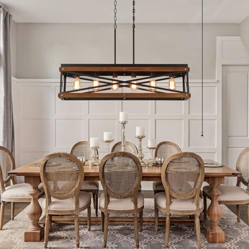 Rustic Farmhouse Plug in Kitchen Island Lighting, 6 Lights Rectangular Pendant Light Fixture with Adjustable Chain, Dimmable Switch, Oak Wood and Metal Linear Chandelier for Dining Room Home, Black - size: Large 6-Light Hanging Lamp