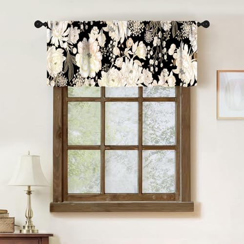 Black Floral Valance,Gothic Flowers Spring Retro Country Plant Botanical Plant Bohemian Kitchen Living Room Cafe Small Short Window Treatments Drapes 1 Piece,54x18 Inch - color: Flower-11