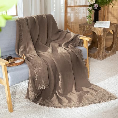 MooMee 100% Cotton Muslin Blanket, Fringed 4-Layer Gauze Bed Couch Throw - color: Brown, size: Throw