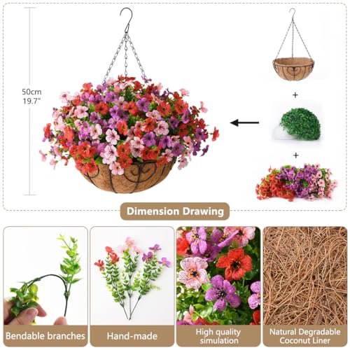 Artificial Hanging Flowers Basket for Outdoor, UV Resistant Plants Daisy - color: Purple Red Pink