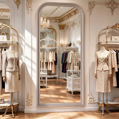71"x32" Full Length Mirror with Stand, Arched PU Frame - color: Antique Silver