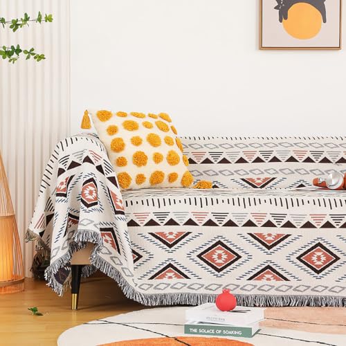 Luxlovery Beige Bohemian Sofa Throw Blankets Ethnic Woven Boho Geometric White and Khaki Throw Blanket for Couch Aztec Bed Throws Oversized Chair Sofa Cover with Tassels(63"x102") - color: Mocha, size: 63"x102",160x260cm