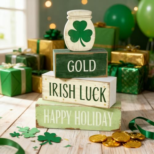 St. Patrick’s Day Decorations - St Patrick Day Irish Luck Tiered Tray Decor Set - Wooden Shamrock Tabletop Decoration - Rustic Farmhouse Holiday Home Decor for Indoor Shelf Mantel Coffee Table Gift - style: Shamrock