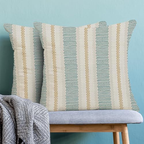 Aqua Teal Mustard Yellow Outdoor Pillow Covers 16 x 16 Inch, Beige Polka Dots Striped Decor Throw Pillows for Couch Bed, Boho Modern Farmhouse Decorative Pillowcase Linen Cushion Cover Set of 2 - color: Aqua Teal Yellow, size: 16" x 16" (Pack of 2)