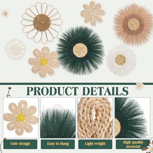 Chunful 7 Pcs Boho Wall Basket Decor Rattan Flower, Emerald Green - color: Emerald Green
