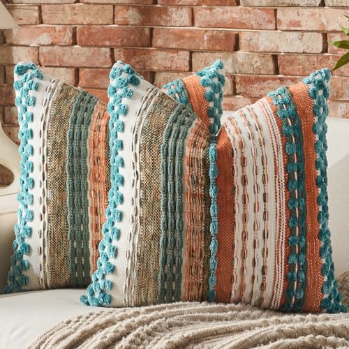 AmHoo Set of 2 Chenille Tufted Striped Textured Boho Throw Pillow Covers Aesthetic Woven Decorative Pillow Case for Couch Bed Sofa Bedroom Modern Funky 18 x 18-Inch Turquoise Multicolor - color: Turquoise Multicolor, size: 18" x 18" (Pack of 2)