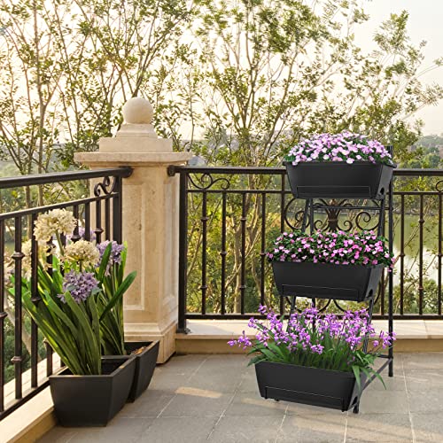 Vertical Raised Garden Bed 3 Tier Elevated Garden Planters Stand Up Garden Planter Box with Drainage Holes for Outdoor Indoor Plants Herbs Flowers Vegetables Black - color: Black