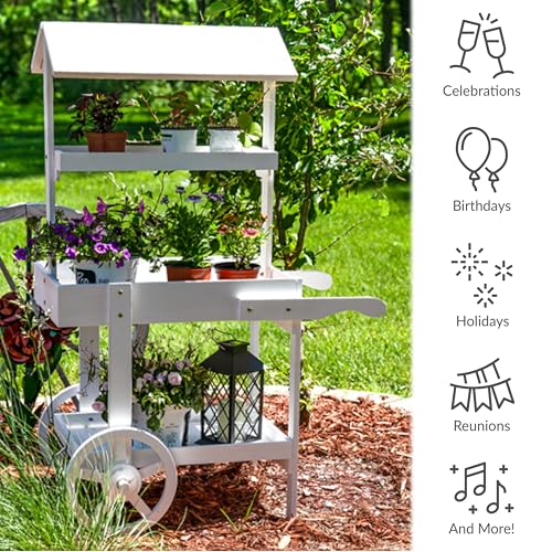 Sunnydaze Flower Cart Display Stand with Wheels, Fir Wood, 49” H, White - color: White