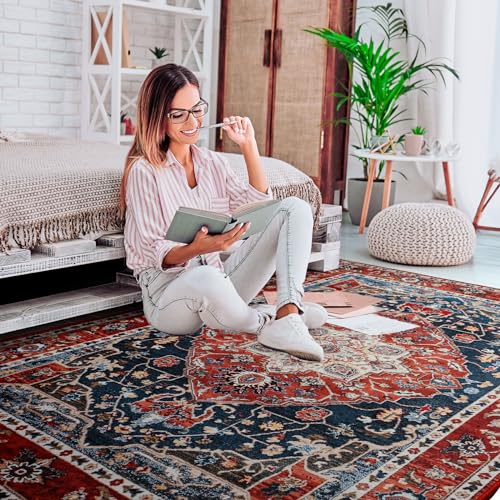 YJ.GWL Large Area Rug for Living Room, 5x8 Machine Washable Boho Rug for Bedroom, Low Pile Lightweight Thin Rugs Floral Vintage Distress Print Pattern Carpet for Dining Room, Red - color: Red, size: 5' x 8' (Rectangular)