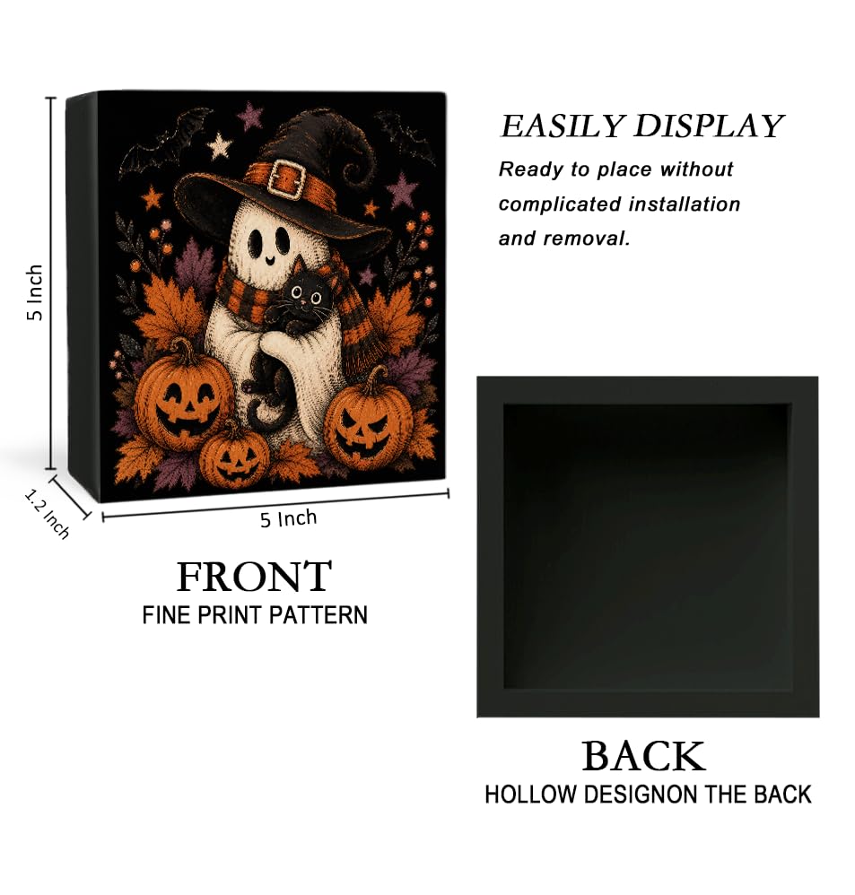 Halloween Ghost Black Cat Wooden Box Decorative Sign 5x5 Inch - color: O