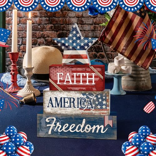 Britimes Tiered Tray Decor Set, 4 Pack, Wooden Table Sign, Patriotic 4th - style: Star