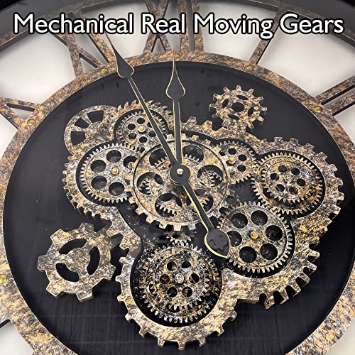 27 inch Large Real Moving Gears Wall Clock with Toughened Glass Cover, Oversized Solid Wood Retro Farmhouse Clock, Giant Decorative Rustic Wall Clock for Living Room Home Kitchen Office (Black) - color: Vintage Black, size: 68cm / 27 inch