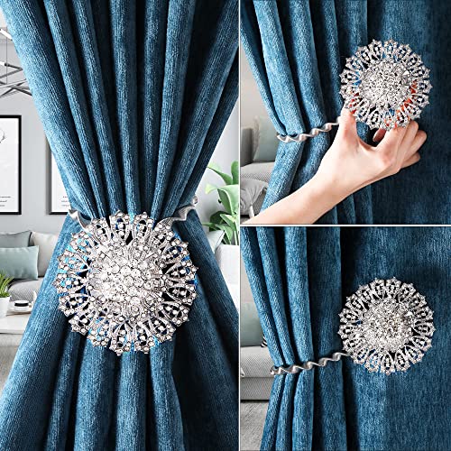 Magnetic Curtain Tiebacks Sparkling Flower Window Curtain Bind Holdback Buckles Clips Tie Backs Drapery Holders with Stretchable Spring Wire Rope for Decoration- FWF002, Silver - 2 Pack - color: Silver, size: FWF002