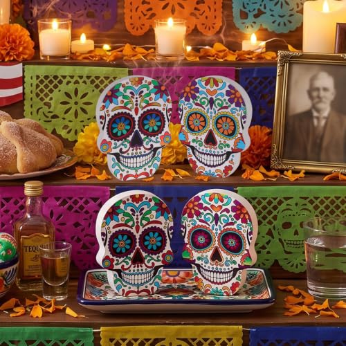 DECSPAS Day of the Dead Decor, 4 PCs Wood Block Sugar Skulls Dia De Los Muertos Decorations, Wooden Skeleton Tiered Tray Decor for Altar, Ofrenda, Home, Table, Mantle, Mexican Fiesta - style: Day of the Dead - Skulls