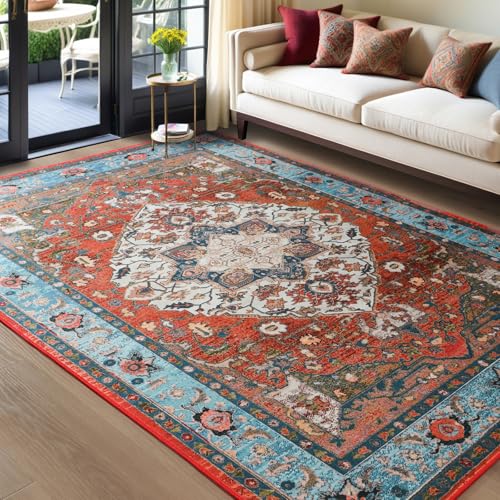 YJ.GWL Large Area Rug for Living Room, 5x7 Machine Washable Boho Rug for Bedroom, Low Pile Lightweight Thin Rugs Floral Vintage Distress Print Pattern Carpet for Dining Room, Red/Blue - color: Red/Blue, size: 5' x 7' (Rectangular)