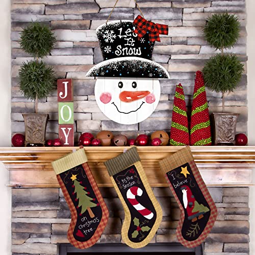 Whaline Large Christmas Snowman Wooden Hanging Sign Winter Welcome Door Sign with Buffalo Plaid Bow Snowman Wood Front Door Hanger for Home Indoor Outdoor Farmhouse Wall Window Decor - style: Classic