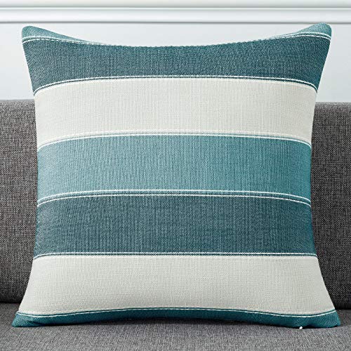 AmHoo Pack of 2 Farmhouse Stripe Check Throw Pillow Covers Set Case Cotton Linen Decorative Pillowcases Cushion Cover for Couch Bench Sofa 18x18Inch Teal Blue - color: Teal Blue, size: 18" x 18" (Pack of 2)