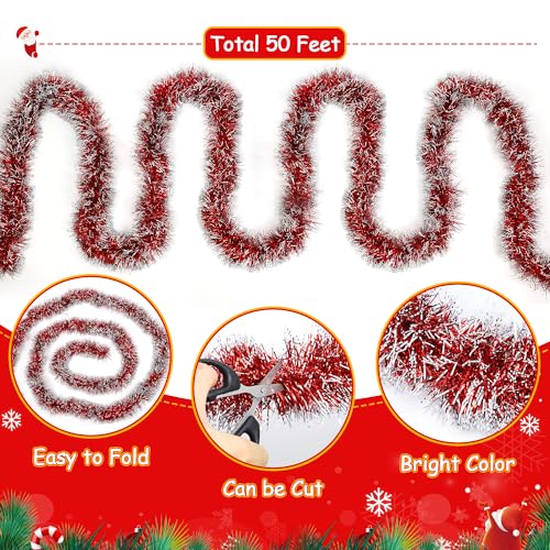 50FT Red Christmas Tinsel Garland Christmas Tree Decoration - color: Red White