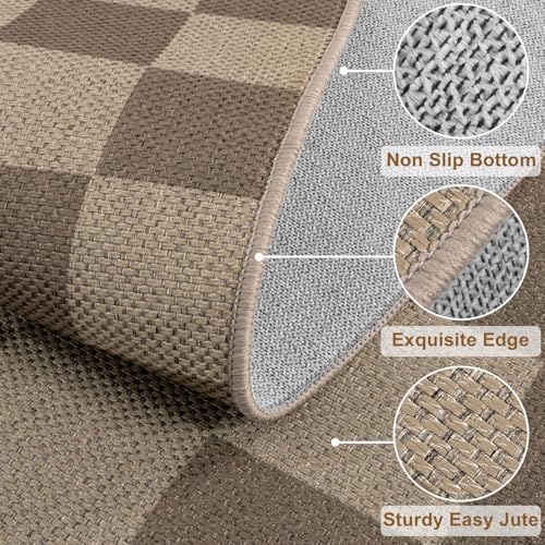 Rugalia Easy Jute Checkered Runner Rug, 2.6x8 Brown Modern Washable Rugs Runner for Hallway Non-Slip Kitchen Runner Rug, Geometric Checkerboard Indoor Outdoor Carpet for Porch Laundry Entryway - color: Brown Checkered, size: 2.6' x 8' (Runner)