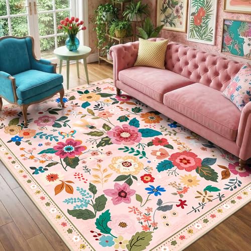 RELEANY Floral Washable 6x9 Area Rugs Pink - color: Pink, size: 6' x 9' (Rectangular)