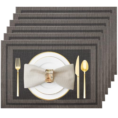 Black Gold Vinyl Placemats Set of 6, Heat Resistant Table Placemats - color: Black