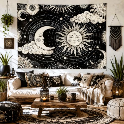 Delur Sun and Moon Tapestry Black Dark Boho Spiritual Burning Sun Tapestry Wall Hanging Mystic Aesthetic Cloud Abstract Star Psychedelic Headboard for Bedroom Living Room Home Decor (59.1" x 78.7") - color: Dark Sun and Moon, size: 59.1"L x 78.7"W