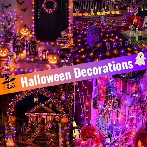 QITONG 2 Pack Battery Operated Halloween Lights, Each 33ft 100 LED - color: Orange and Purple, size: 2Pack