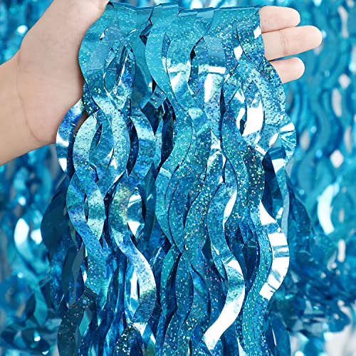 CYLMFC 3 Pack 3.3 ft x 6.6 ft Teal Foil Fringe Curtains - Sparkle Metallic Curtains Party Decorations Photo Booth Decorations Party Supplier - color: Laser Teal