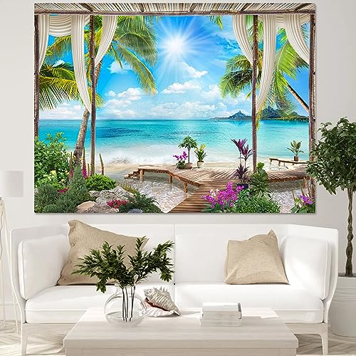Leeisysme Beach Landscape Tapestry, Tropic Ocean Sea Island Palm Tree Seaside Tapestries for Living Room Summer Window Wall Hanging 60×80 Inch - color: Island, size: 80"L x 60"W