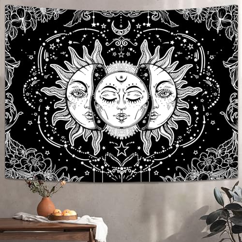 Lifeella Black and White Sun and Moon Tapestry, Burning Sun Tapestries Aesthetic Mystic Wall Hanging for Bedroom Decor 36×48 inch - color: Black and White, size: 48"L x 36"W
