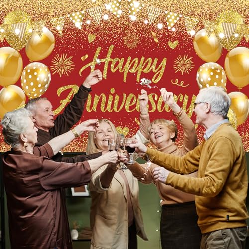 Wedding Anniversary Banner Red Gold Happy Decorations for Women Men Party, Indoor Outdoor Decor Supplies 71 * 43 Inch