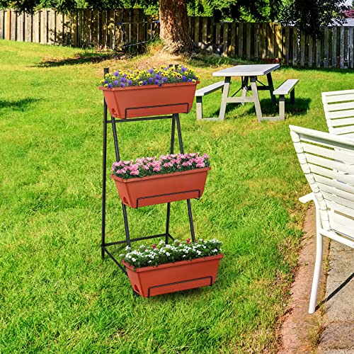 Vertical Raised Garden Bed Outdoor 3 Tiered Garden Planters Standing Elevated Planter Box with Drainage Holes for Plants Herbs Flowers Vegetables Brick Red - color: Brick Red