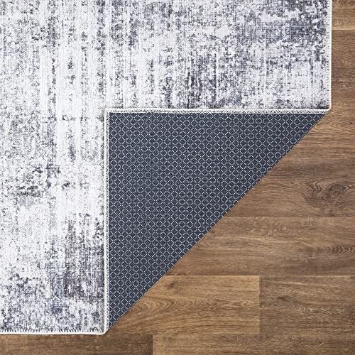 Bloom Rugs Washable Non-Slip 7 ft Runner - Gray/Charcoal/Blue Modern Abstract Runner for Entryway, Hallway, Bathroom, and Kitchen - Exact Size: 2.5' x 7' - color: Gray / Charcoal / Blue, size: 2'6" x 7' (Runner)