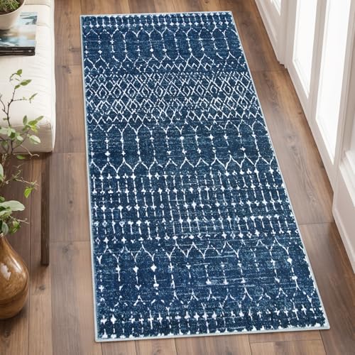 Lahome Moroccan Runner Rugs for Hallway 2x4 Bathroom Rugs Non-Slip Small Throw Kitchen Carpet Low-Pile Mat for Entryway Laundry Room Mat Geometric Indoor Carpert for Entrance Bath Hana, Blue - color: Blue, size: 2' x 4' (Runner)