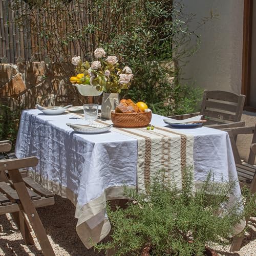 Simple&Opulence Boho Macrame Table Runner - 12 x 90 Inch, Splicing Burlap Farmhouse Cotton Table Runner with Fringed Edges for Bohemian Rustic Wedding, Bridal Shower, Dinner (Brown Pinstripe) - size: 12"x90", style: Brown Pinstripe