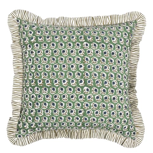 Ridhi Basil Green Block Print Ruffle Pillow Covers 16x16 Inch Set of 2 - color: Basil Green, size: 16" x 16" (Pack of 2)