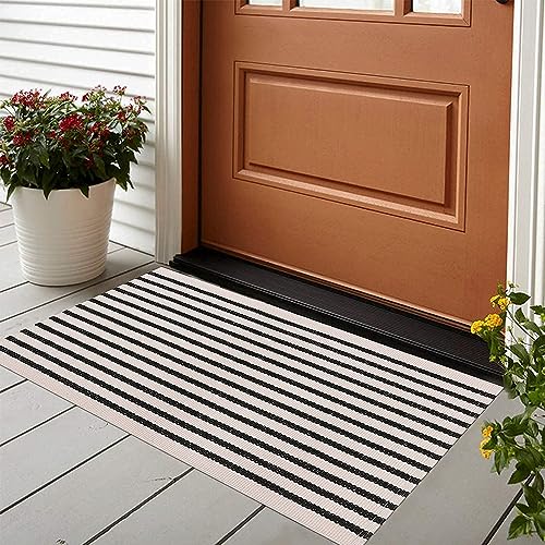 LEEVAN 2x3 Outdoor Layering Rug for Front Porch Small Striped Under Doormat - color: Black and Cream, size: 2' x 3' (Rectangular)