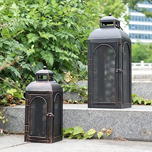 럭셔리 랜턴 장식 야외 및 실내, 2개 세트 (48.3cm(19인치) 및 33cm(13인치)) 금속 캔들 랜턴 장식, 빈티지 벽걸이 캔들 홀더, 현관 파티오 웨딩 농가 가정, 크리스마스 장식용 - color: 블랙 브러시 포함 / 48.3cm(19인치)+33cm(1