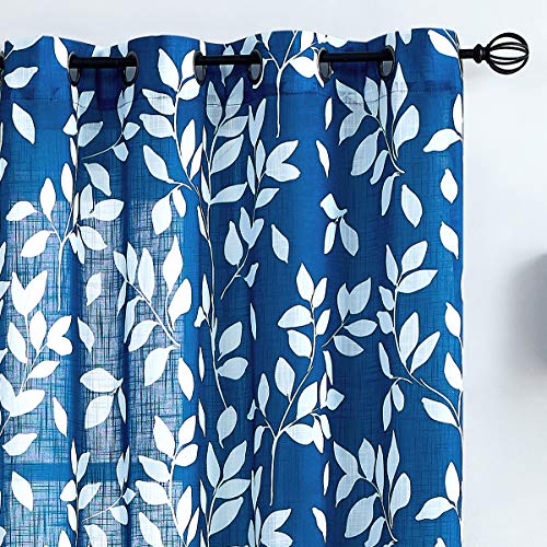 Navy Blue White Leaf Semi Sheer Curtains 63" Bedroom Panels Drapes 2pk - color: Navy, size: 52"W x 63"L (Pack of 2)