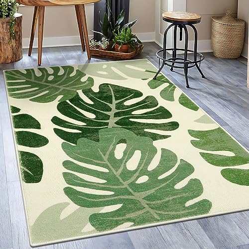 Lukinbox Leaf Indoor Outdoor Area Rugs for Patio, 5x7 Green Washable Living Room Rug Tropical Monstera Plant Non-Slip Bedroom Rugs, Large Accent Area Carpets for Dinning Room Porch - size: 5' x 7'