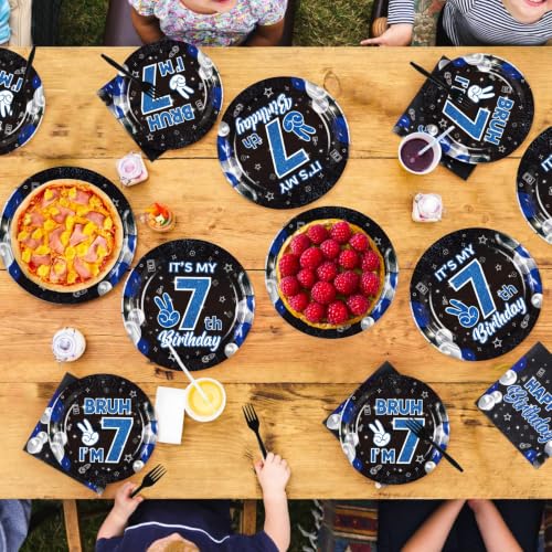 96 Pcs Bruh 7th Birthday Party Decorations for Boys, Serves 24 - style: Black Blue Bruh 7th Plates