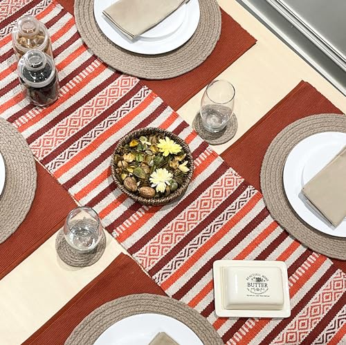 CHARDIN HOME Rust Orange, White Boho Table Runner | Cotton Farmhouse Table Linen 13x72 Inches| Machine Washable, Durable and Easy to Combine - color: Rust-orange, size: 13x72 Inch.