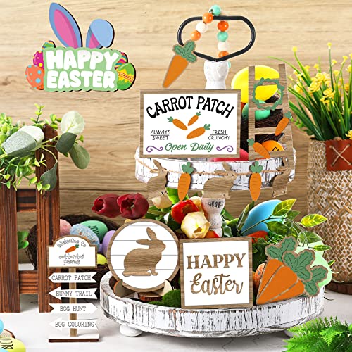 Jetec 12 Pcs Easter Tiered Tray Decor Wooden Carrot Patch Bunny Egg Tiered Tray Items Happy Easter Signs for Spring Home Farmhouse Rustic Kitchen Decorations (Wooden Bunny) - style: Wooden Bunny