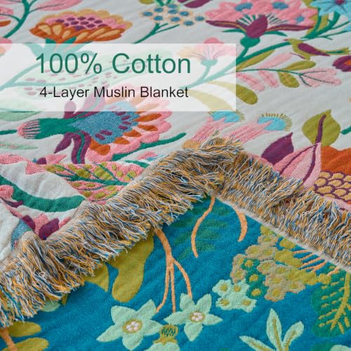 Boho Throw Blanket, 100% Soft Cotton Floral Quilt, Throw 50"x 60" - color: Lavender Purple Flowers, size: Throw 50"x60"