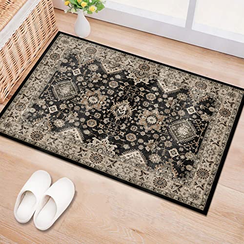 Washable Runner Rug 2x3: Entryway Rug Door Mat Non Slip Runner Rug Low Pile - color: Black, size: 2' x 3' (Rectangular)