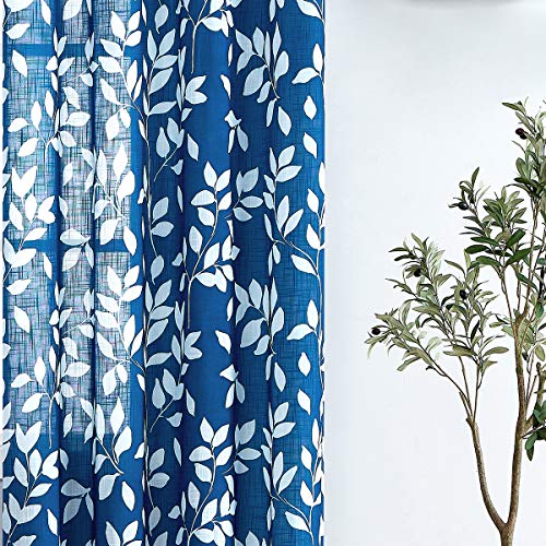 Navy Blue White Leaf Semi Sheer Curtains 63" Bedroom Panels Drapes 2pk - color: Navy, size: 52"W x 63"L (Pack of 2)