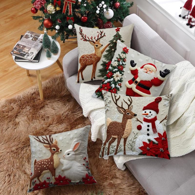 JMGBird Christmas Snowman Pillow Covers 18x18 Inch, Set of 2, White, with Pillow Inserts Included - color: Christmas Deer and Snowman, size: 18" x 18" (Pack of 2)