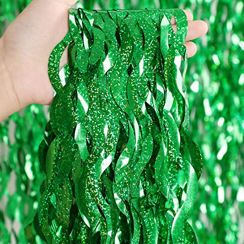 Green Foil Backdrop Curtain - CYLMFC 3 Pack 3.3 ft x 6.6 ft Birthday Streamers Party Curtains Decorations Backdrop Xmas Graduation Decor - color: Laser Green