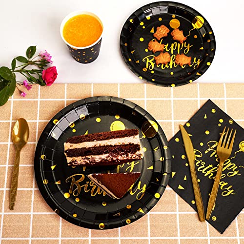200 pieces of black and gold birthday party supplies, disposable happy birthday tableware set, gold plastic knives, forks, spoons, straws. Birthday themed tray, cup,25Guests (black) - color: Black