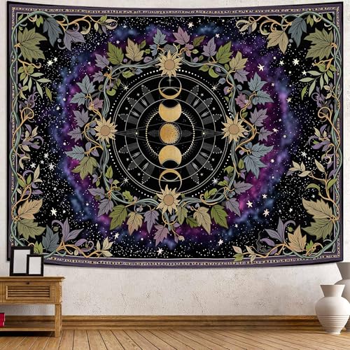 Faxdong Boho Moon Phase Tapestry, Aesthetic Celestial Zodiac Tapestries, Starry Nebula and Vine Mystic Decor for Bedroom Living Room Space - color: Purple, size: 90"L x 68"W